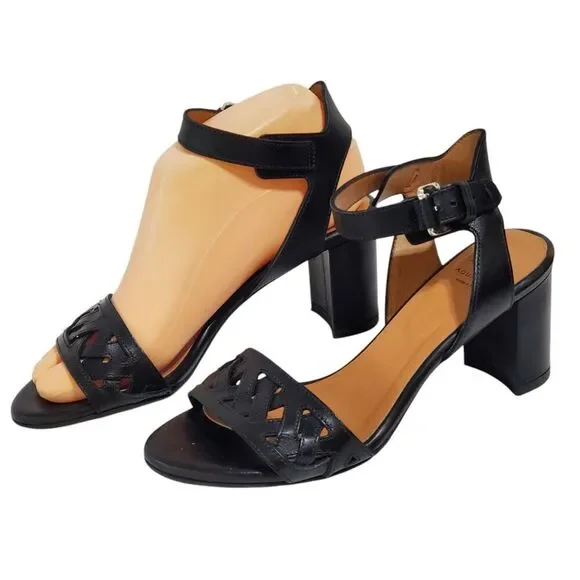 Aquatalia Womens Leather Sandals Sz 6.5M Samara Perforated Block Heel Black - Picture 2 of 8